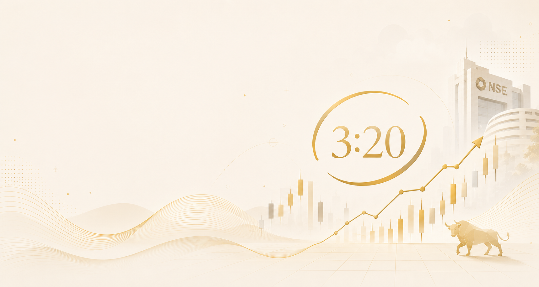 Gold line illustration: a 3:20 clock over the NSE building, a candlestick chart and a bull